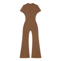 Short-sleeve brown one-piece jumpsuit with quarter zipper, fitted waist and flared legs.