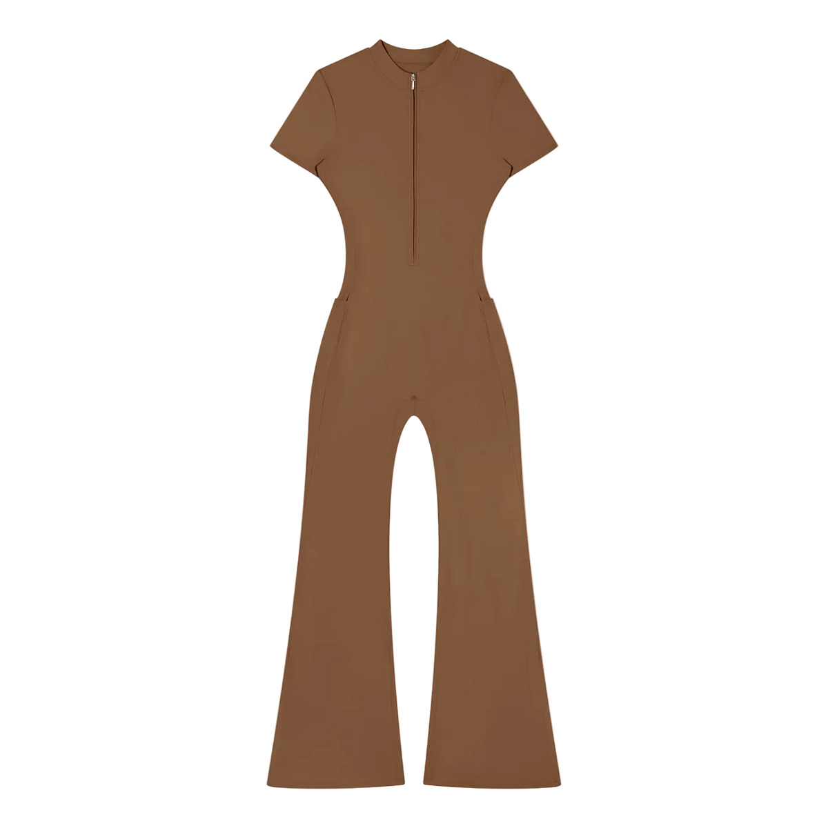 Short-sleeve brown one-piece jumpsuit with quarter zipper, fitted waist and flared legs.