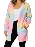 Model wearing pastel gradient open-front long cardigan with pockets, ribbed cuffs and hem over a white tank and black pants