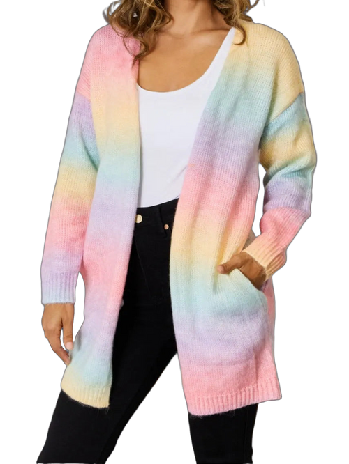 Model wearing pastel gradient open-front long cardigan with pockets, ribbed cuffs and hem over a white tank and black pants