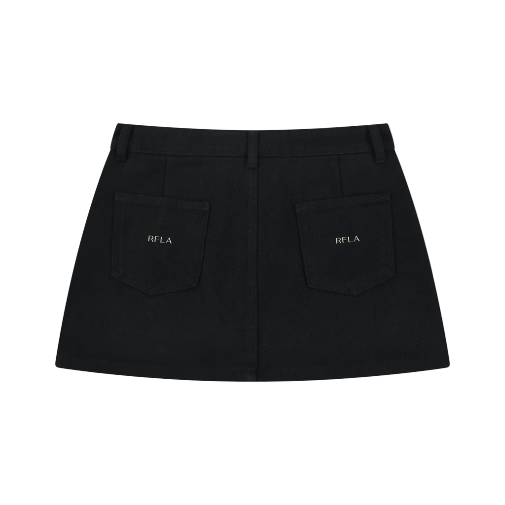 Back of black denim mini skirt with two patch pockets, center seam and RFLA logo on each pocket