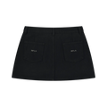 Back of black denim mini skirt with two patch pockets, center seam and RFLA logo on each pocket