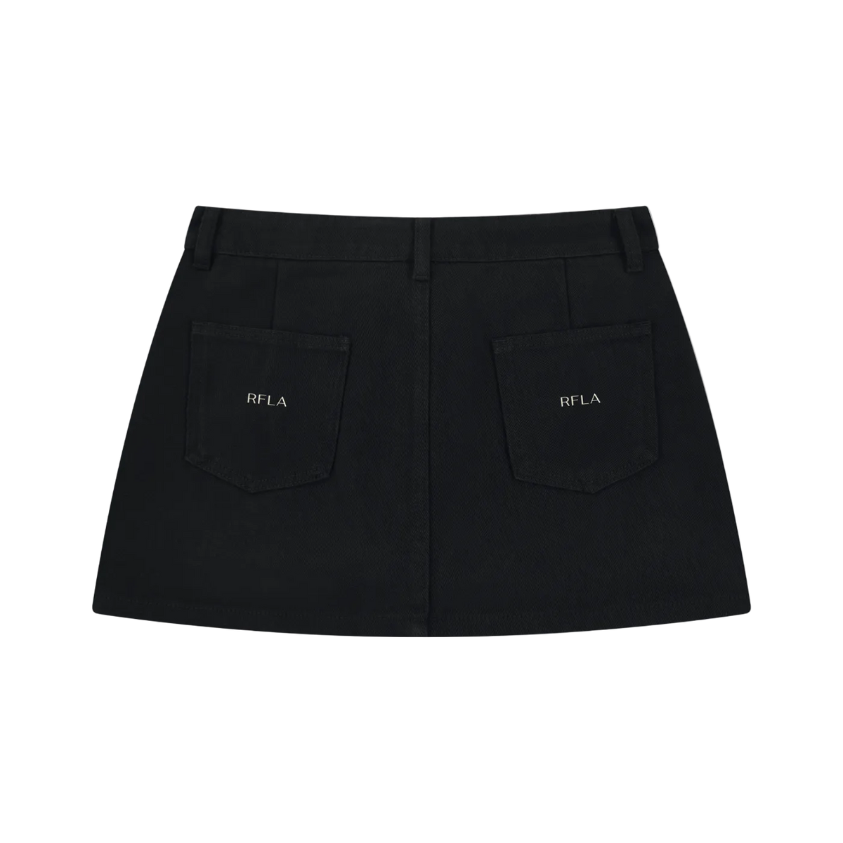 Back of black denim mini skirt with two patch pockets, center seam and RFLA logo on each pocket
