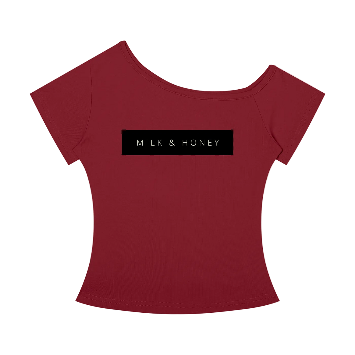Wine-red off-the-shoulder T-shirt with short sleeves and black rectangular chest print reading 'MILK & HONEY'