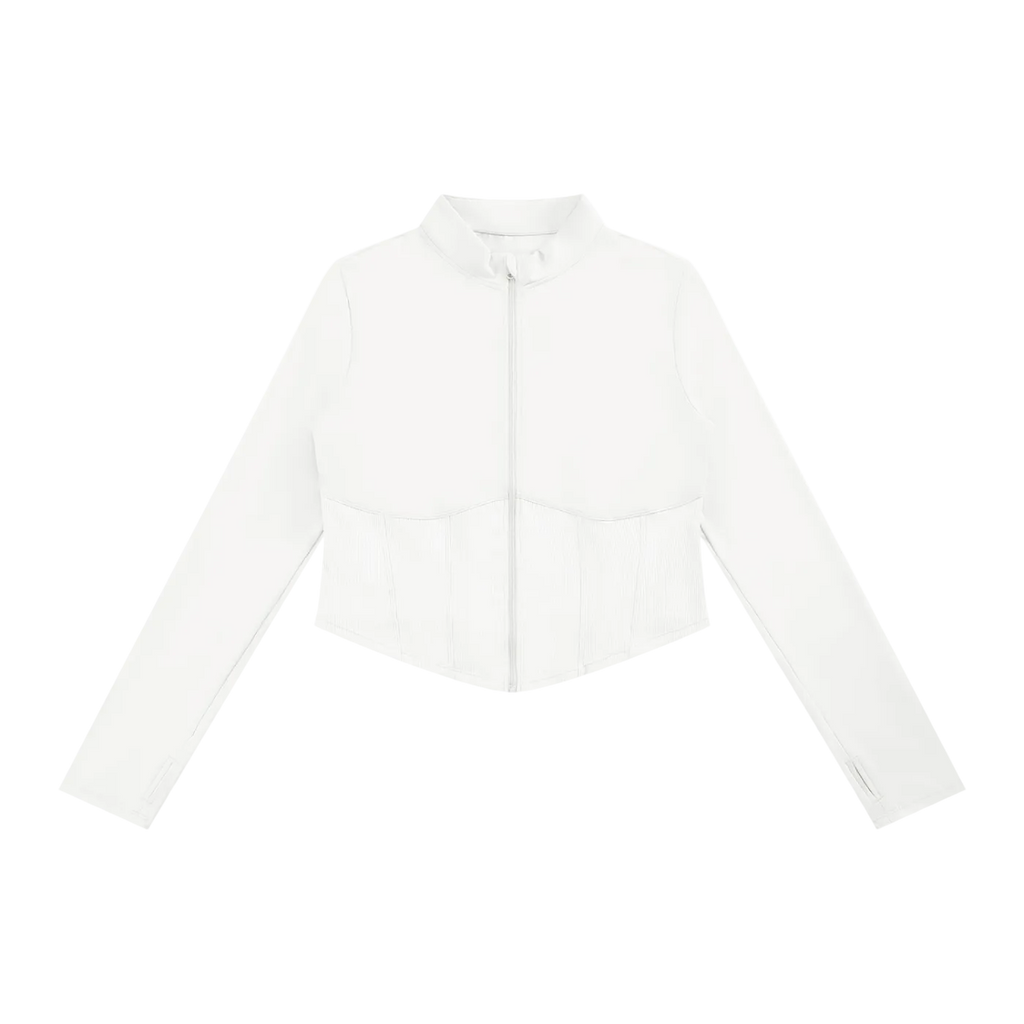 White slim-fit long-sleeve full-zip jacket with high collar, contoured bust seams and paneled lower waist