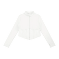 White slim-fit long-sleeve full-zip jacket with high collar, contoured bust seams and paneled lower waist