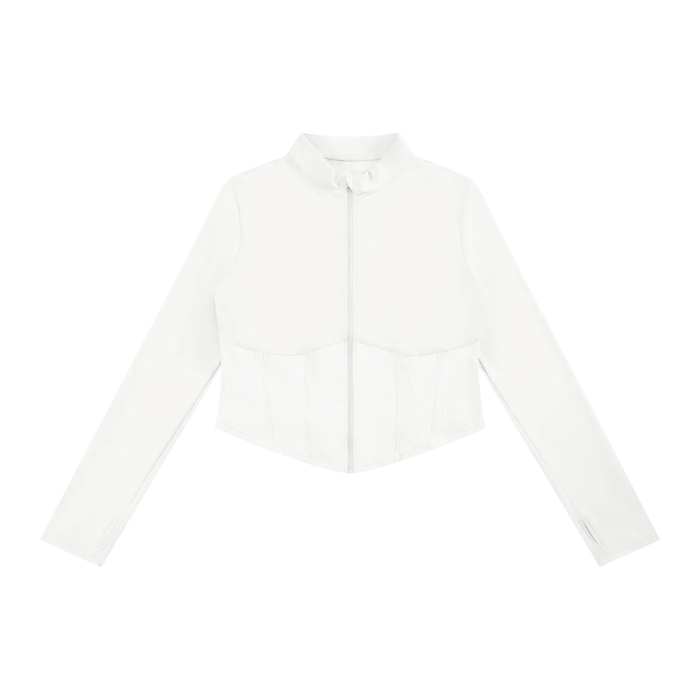 White slim-fit long-sleeve full-zip jacket with high collar, contoured bust seams and paneled lower waist