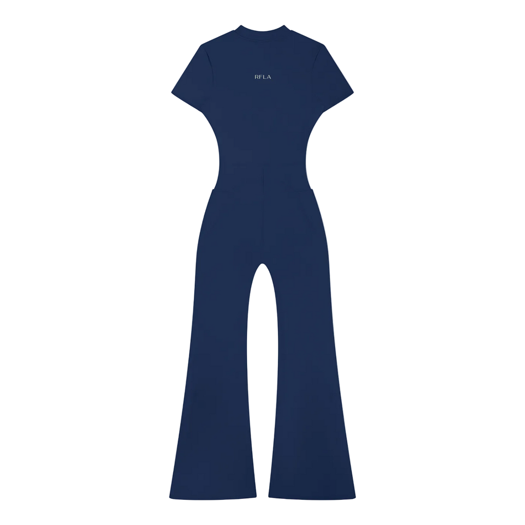 Blue short-sleeve jumpsuit with fitted waist, flared legs and small centered 'RFLA' text on chest
