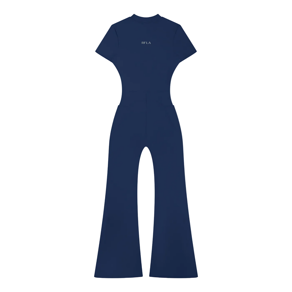 Blue short-sleeve jumpsuit with fitted waist, flared legs and small centered 'RFLA' text on chest