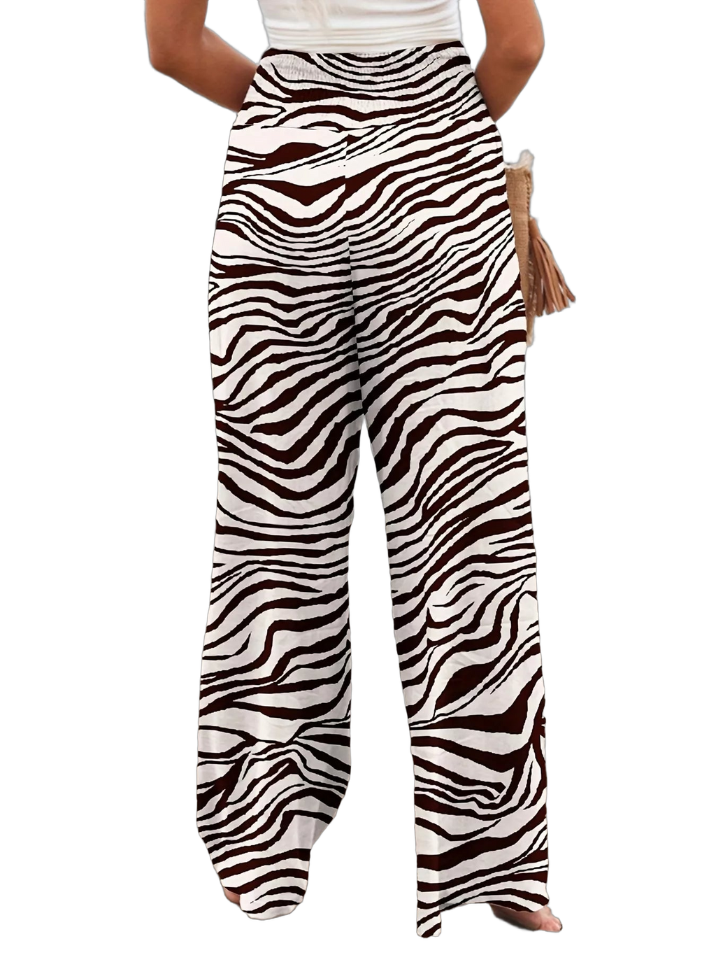 Back view of high-waist, wide-leg zebra-print pants on model, full-length legs visible