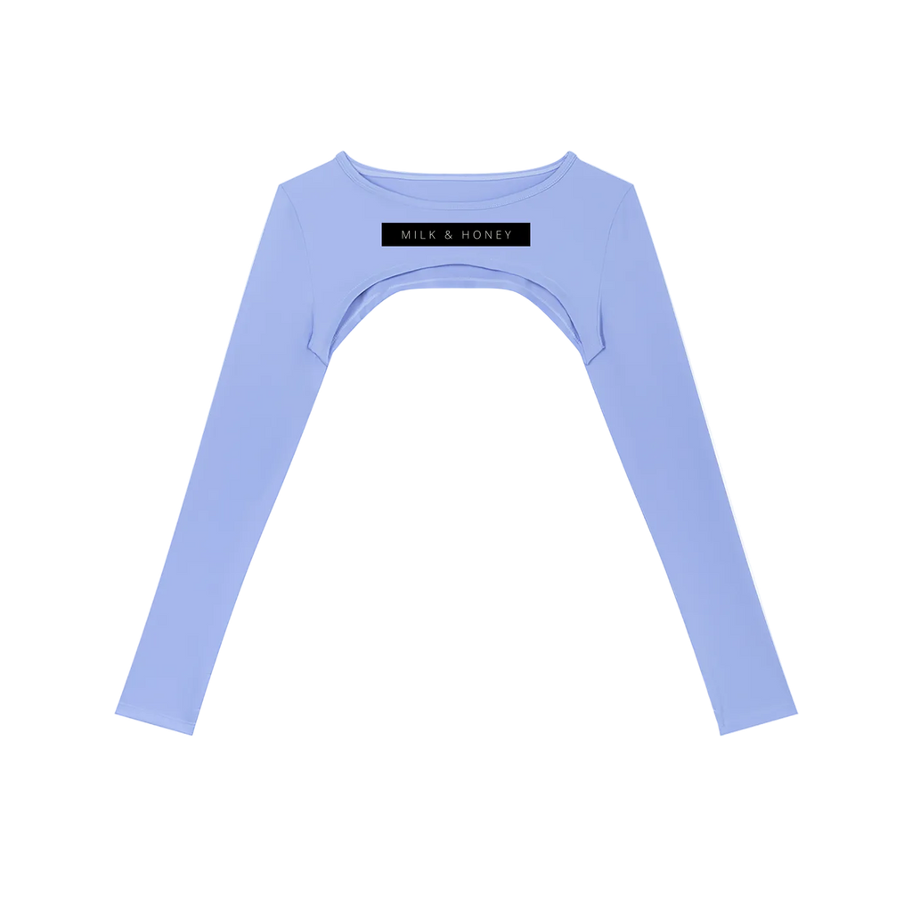 Cropped long-sleeve shrug with wide underbust cutout, round neckline and 'MILK & HONEY' chest label