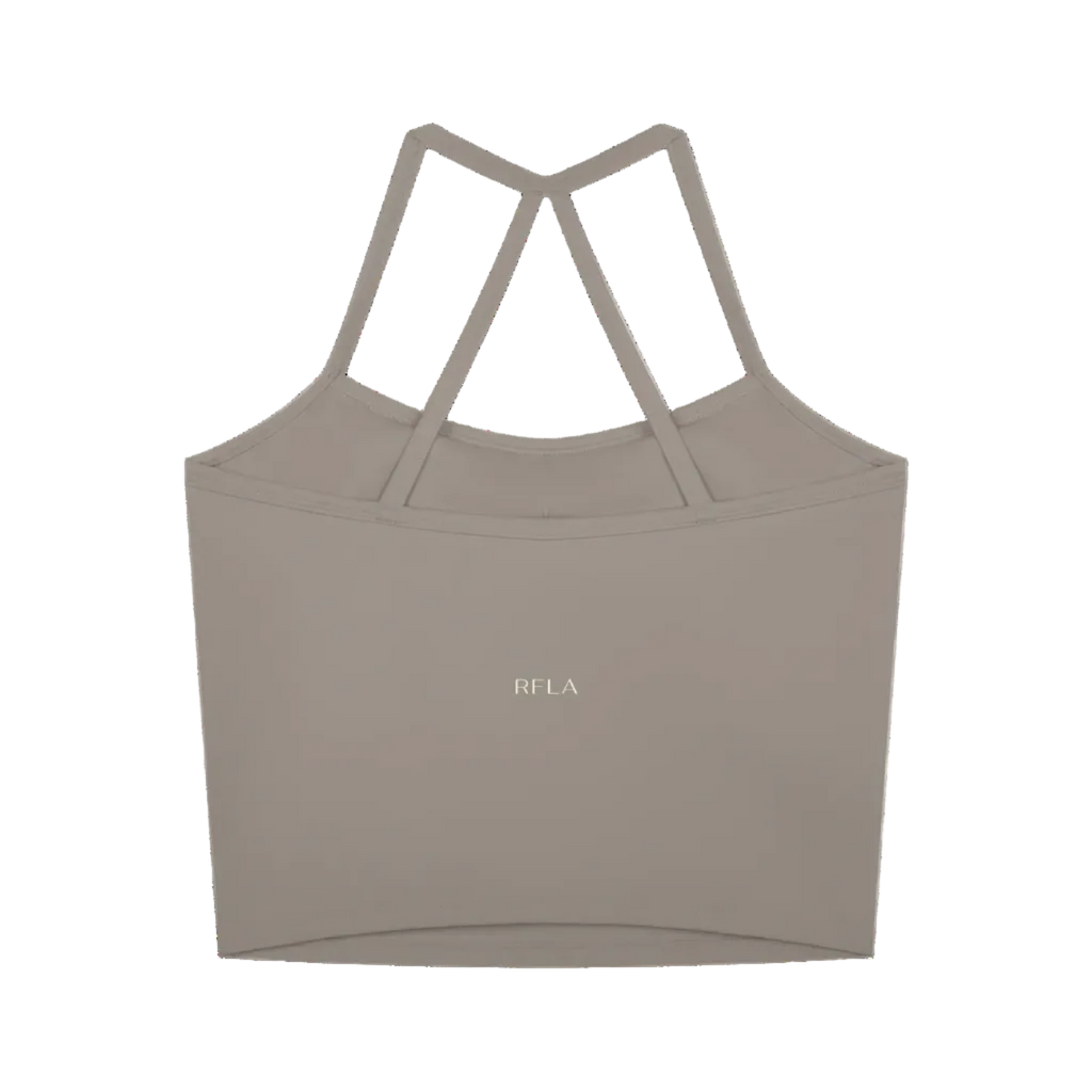 Back of cropped sleeveless tank with two narrow crisscross straps and small 'RFLA' logo centered