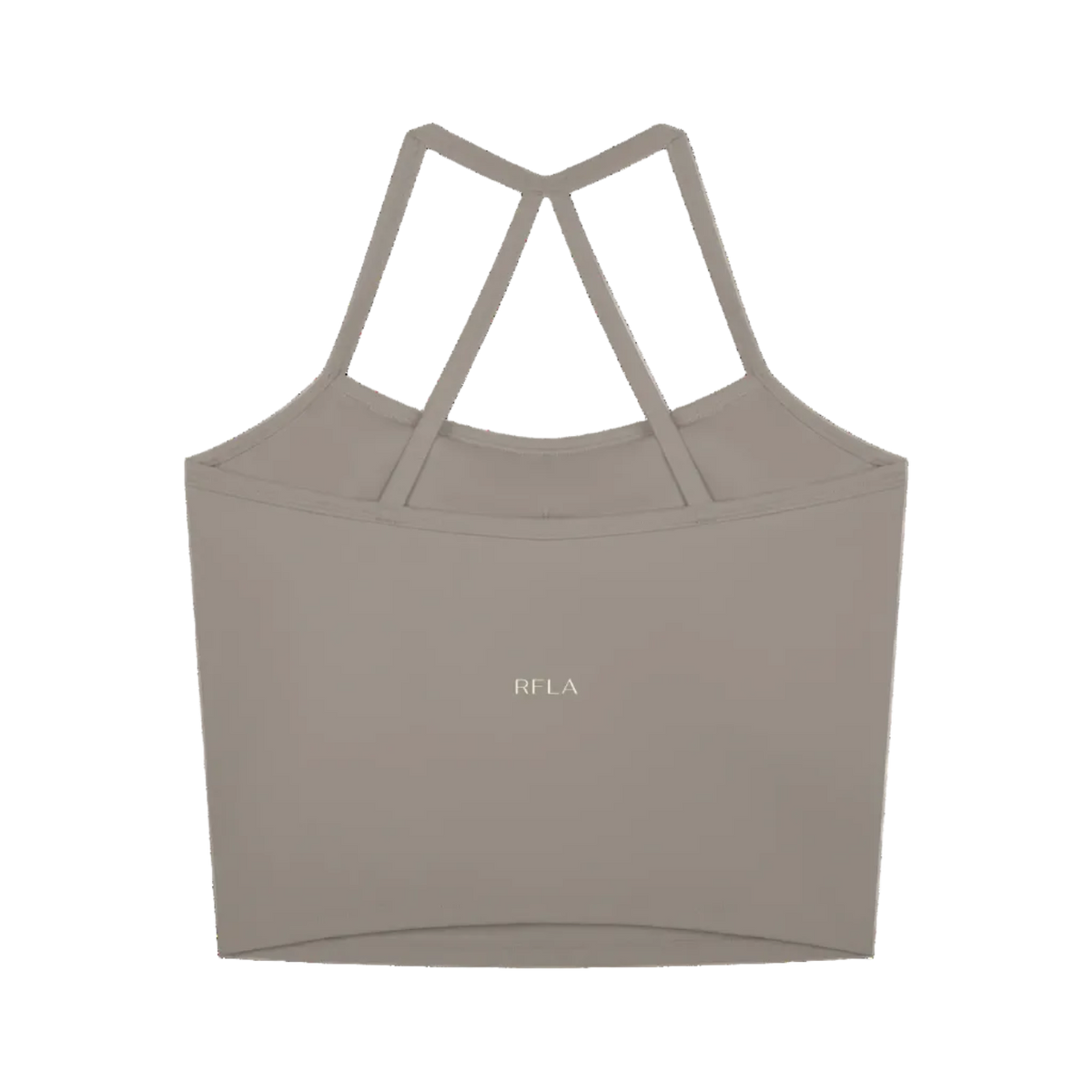 Back of cropped sleeveless tank with two narrow crisscross straps and small 'RFLA' logo centered