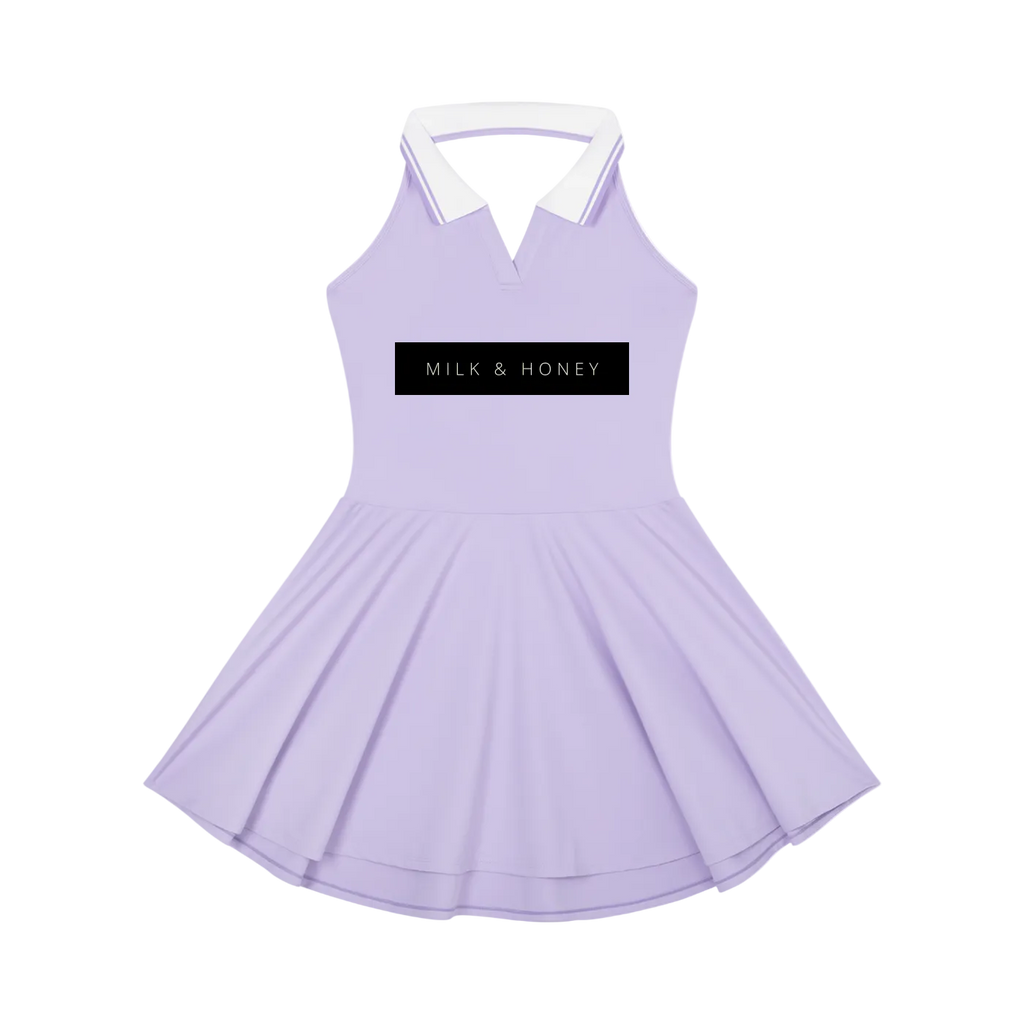 Lavender sleeveless collared halter A-line dress with white collar, 'MILK & HONEY' black chest print and flared skirt