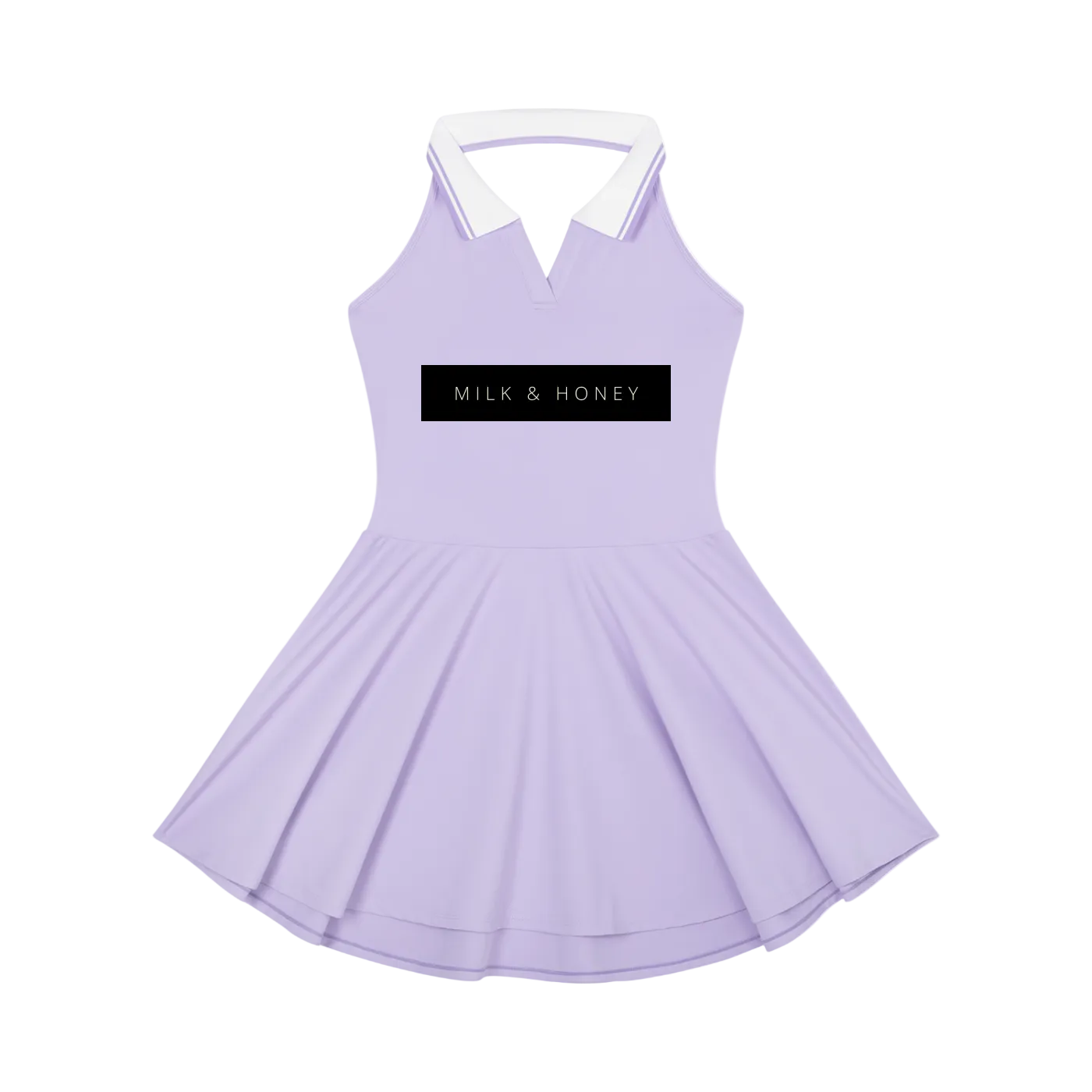 Lavender sleeveless collared halter A-line dress with white collar, 'MILK & HONEY' black chest print and flared skirt