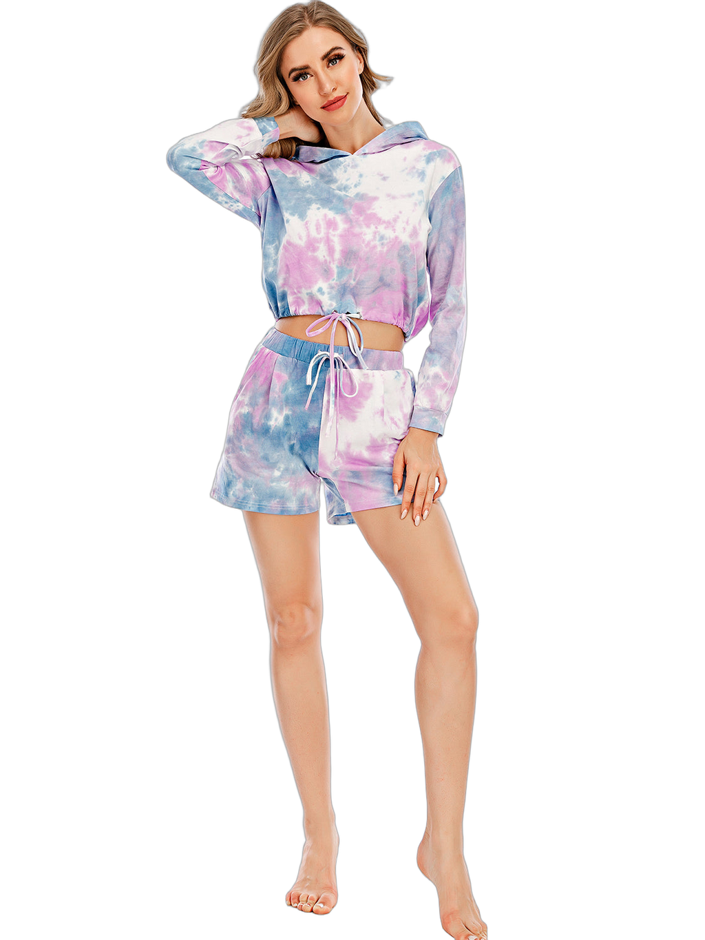 Model wearing lilac tie-dye cropped hooded top with drawstring hem and matching drawstring shorts with front pocket