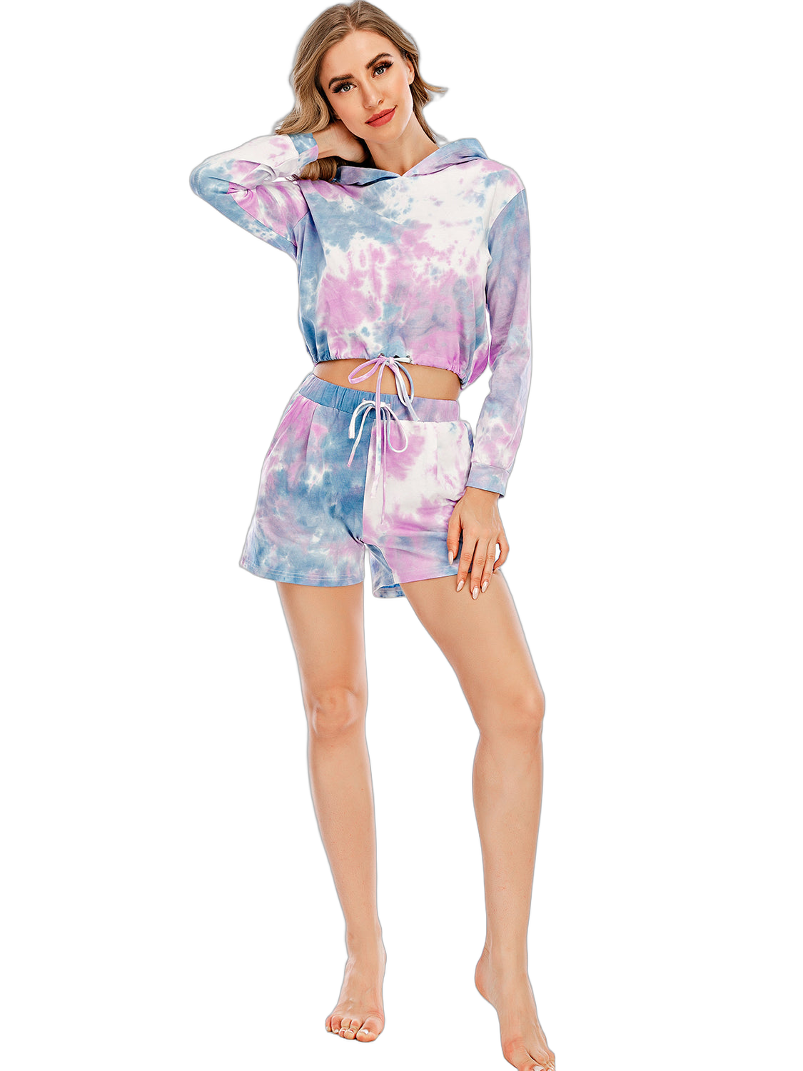 Model wearing lilac tie-dye cropped hooded top with drawstring hem and matching drawstring shorts with front pocket