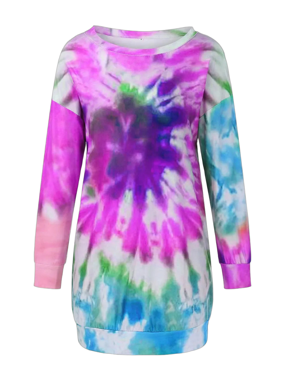 Long-sleeve round-neck tie-dye dress with pink-purple center burst, blue-green hem and multi-colored sleeves