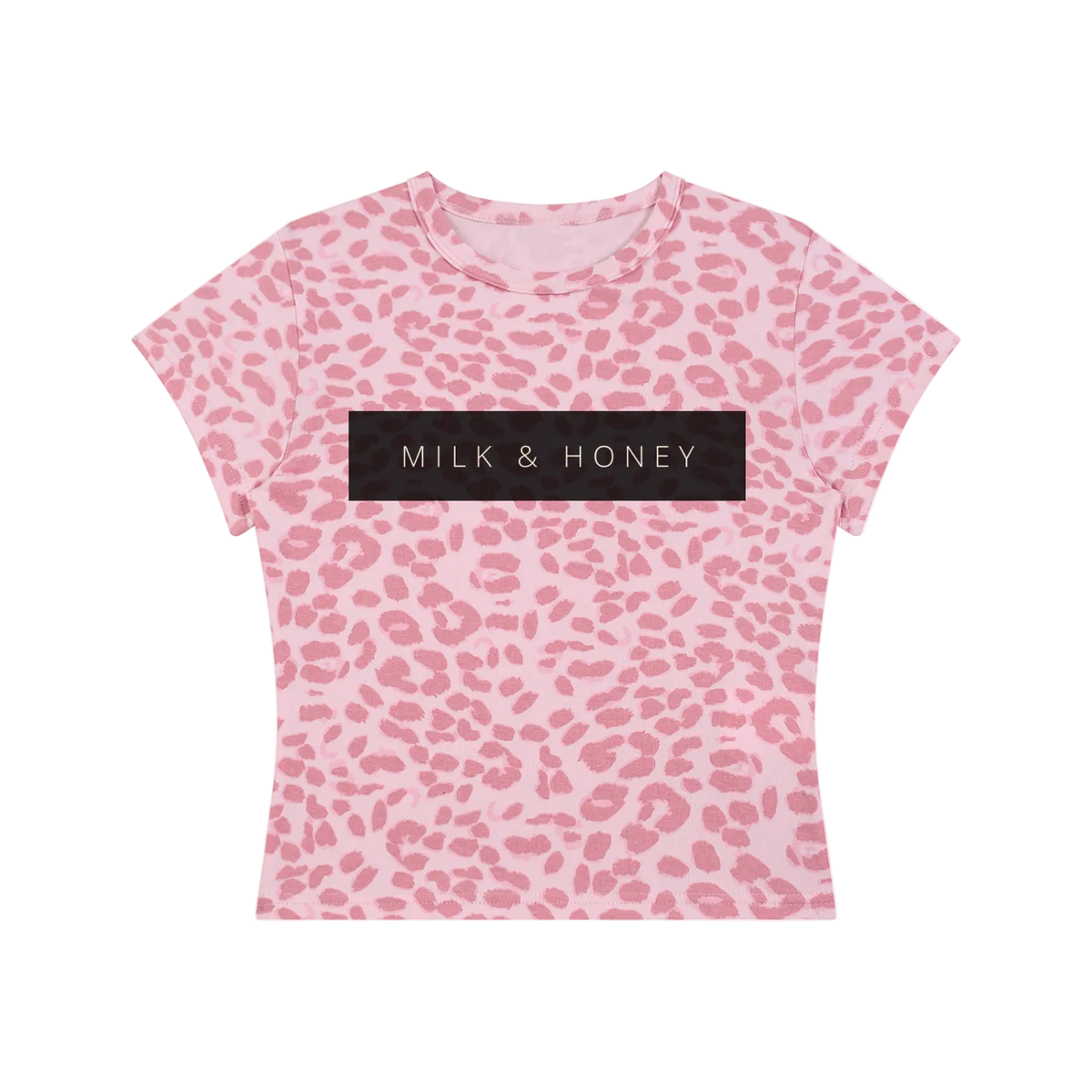 Pink leopard-print crop t-shirt with round neck, short sleeves and dark rectangular MILK & HONEY chest print