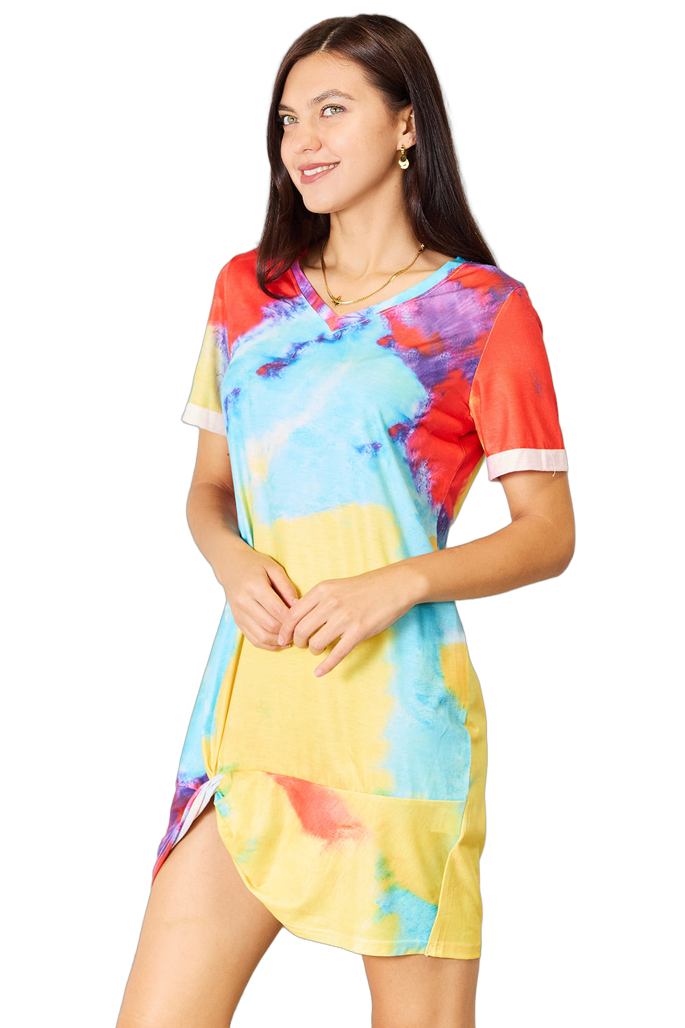 Model wearing short-sleeve multicolor tie-dye V-neck dress with side twisted knot hem and gold jewelry on black
