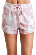 Elastic-waist blush tie-dye shorts with front drawstring and curved hem