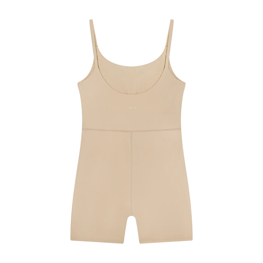 Khaki sleeveless U-neck one-piece romper with thin straps, horizontal waist seam and short bike-style legs