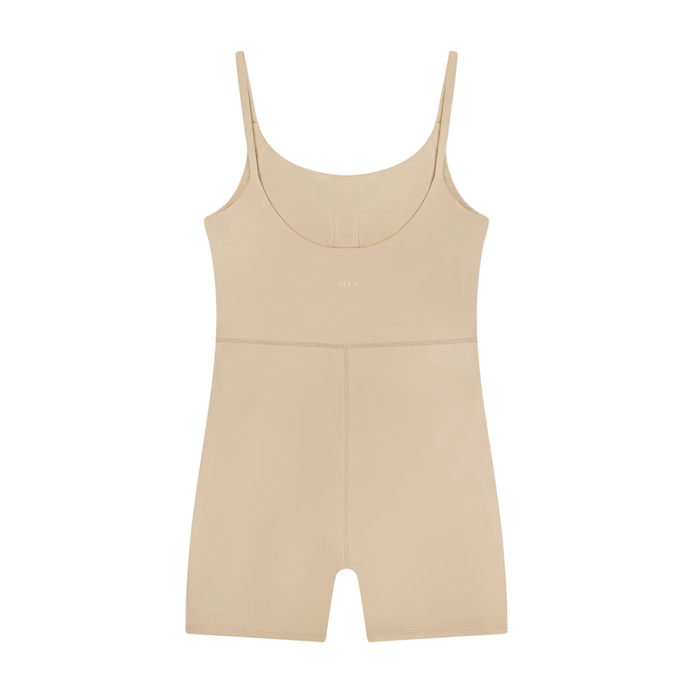 Khaki sleeveless U-neck one-piece romper with thin straps, horizontal waist seam and short bike-style legs