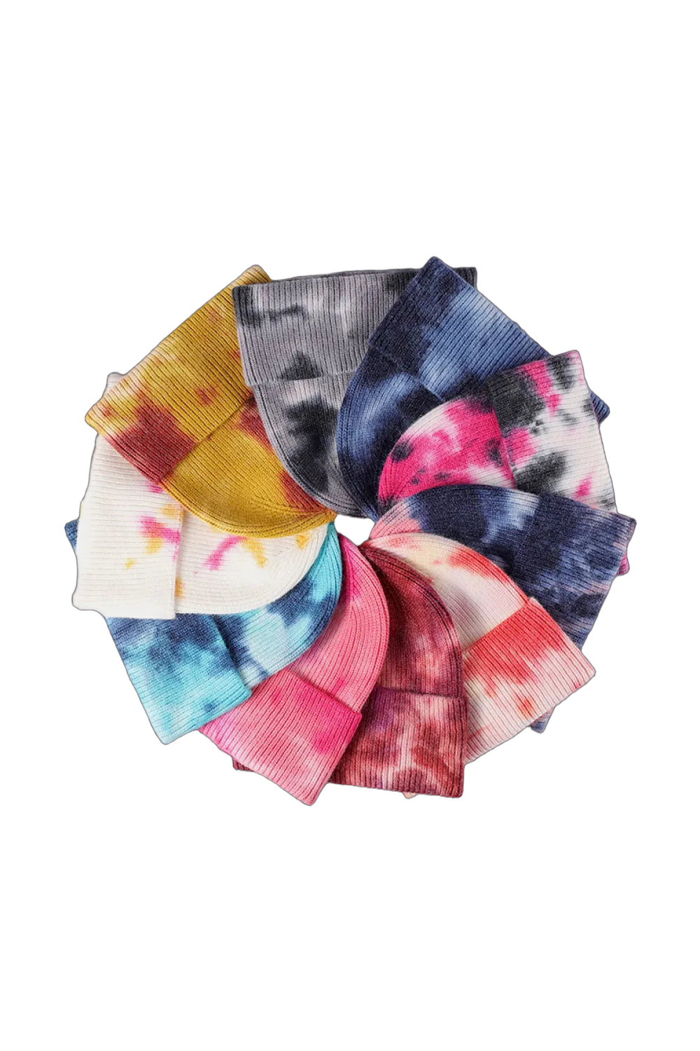 Assorted tie-dye cuffed rib-knit beanies arranged in a circular fan on black background.