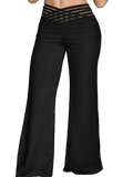 Black bootcut pants with V-shaped multi-strap waistband, opaque fabric, shown on model from midriff to hem