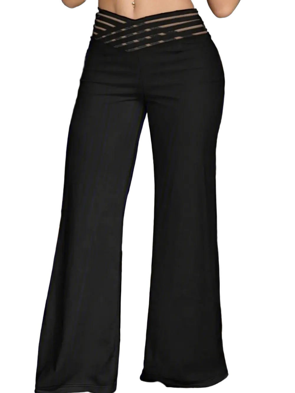 Black bootcut pants with V-shaped multi-strap waistband, opaque fabric, shown on model from midriff to hem