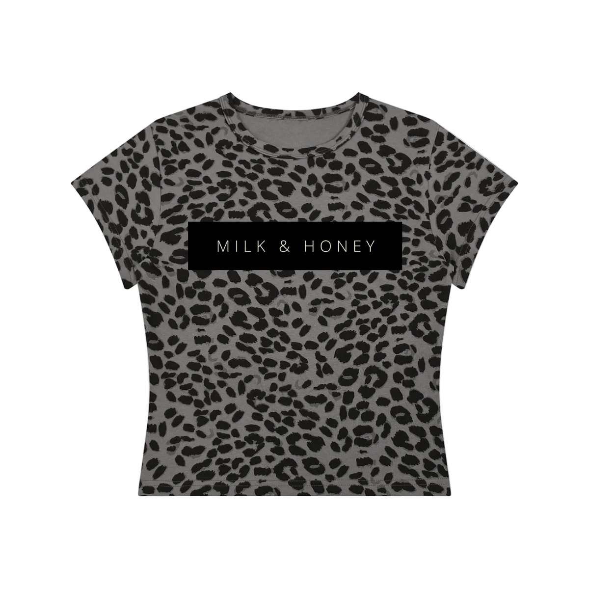 Cropped crewneck t-shirt with bold black leopard print and a centered black rectangle reading 'MILK & HONEY'