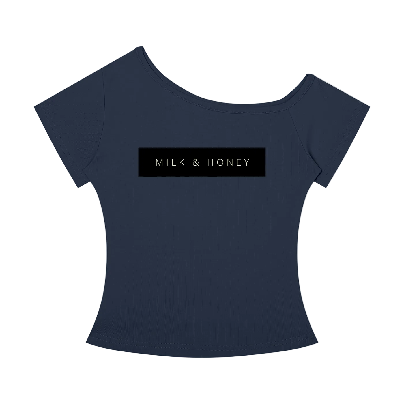 Off-the-shoulder short-sleeve top with centered black rectangle reading "MILK & HONEY" across the chest