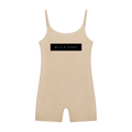 Khaki sleeveless U-neck romper with thin straps and centered black 'MILK & HONEY' rectangular logo on front.