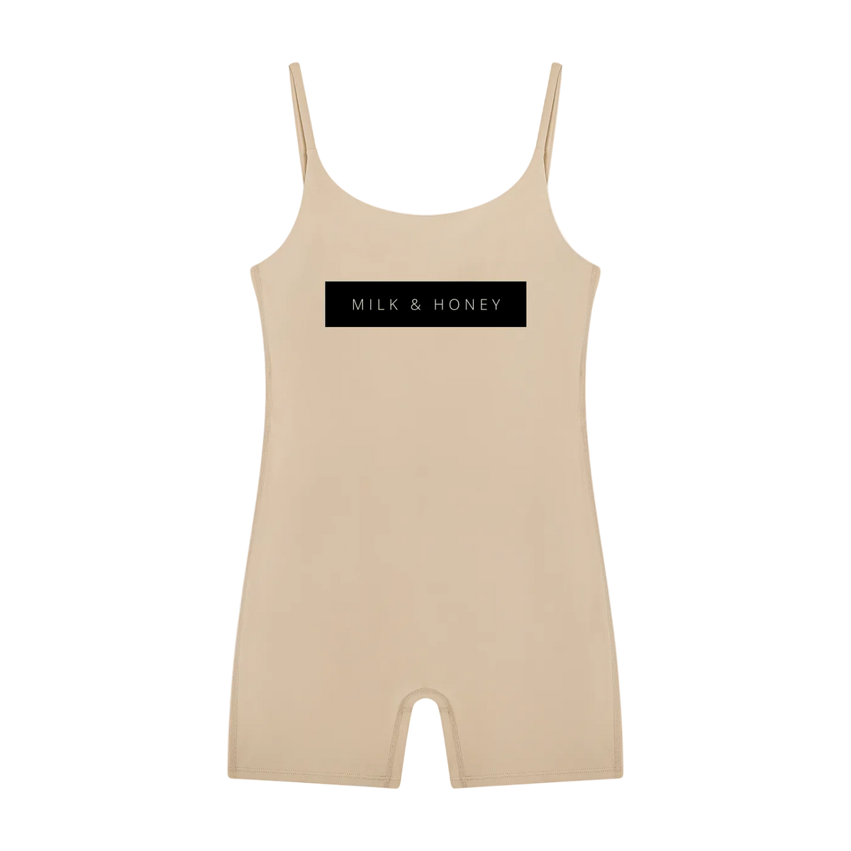 Khaki sleeveless U-neck romper with thin straps and centered black 'MILK & HONEY' rectangular logo on front.