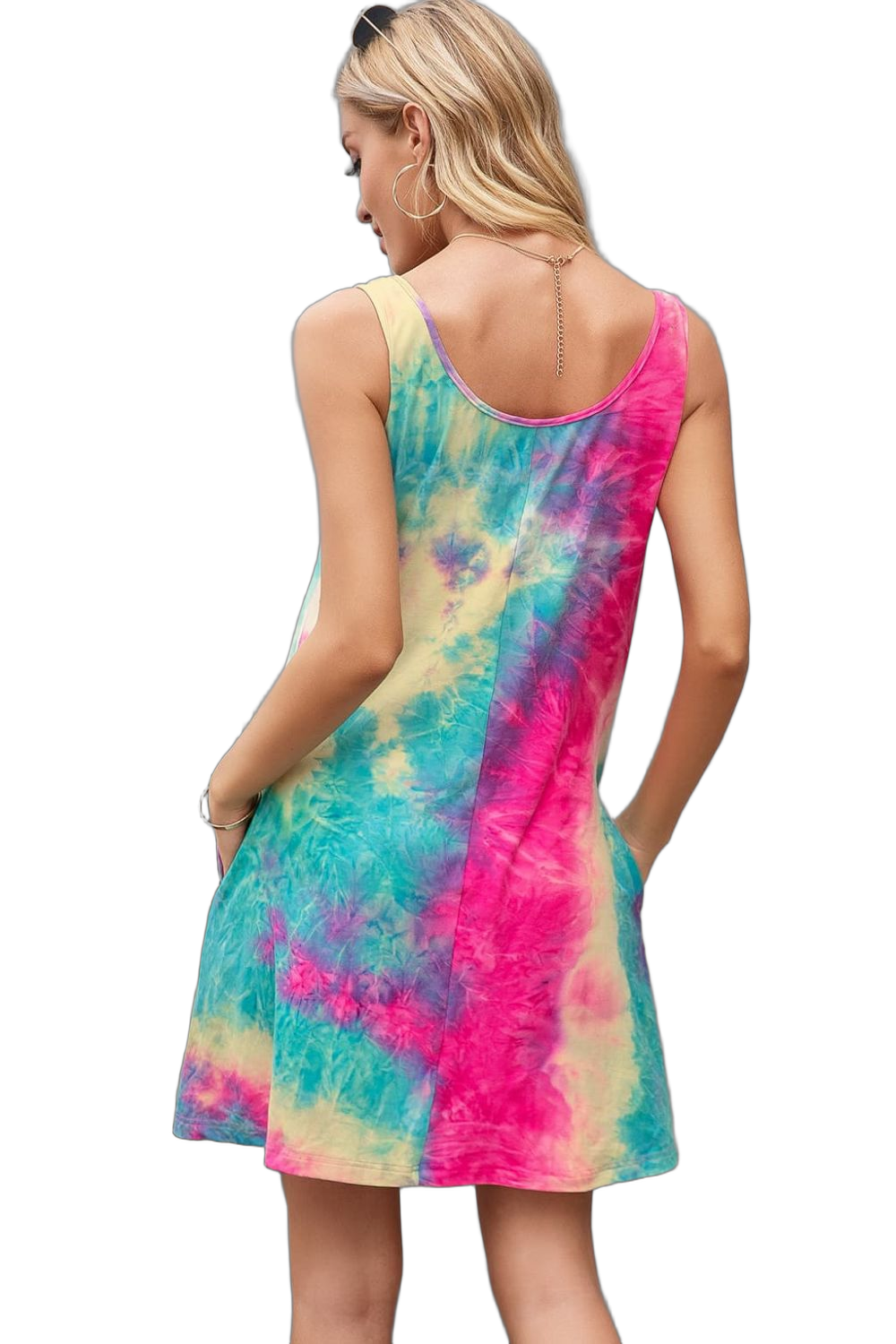 Back view of sleeveless tie-dye mini dress with scoop back, visible side pockets; pink, teal and yellow swirled pattern