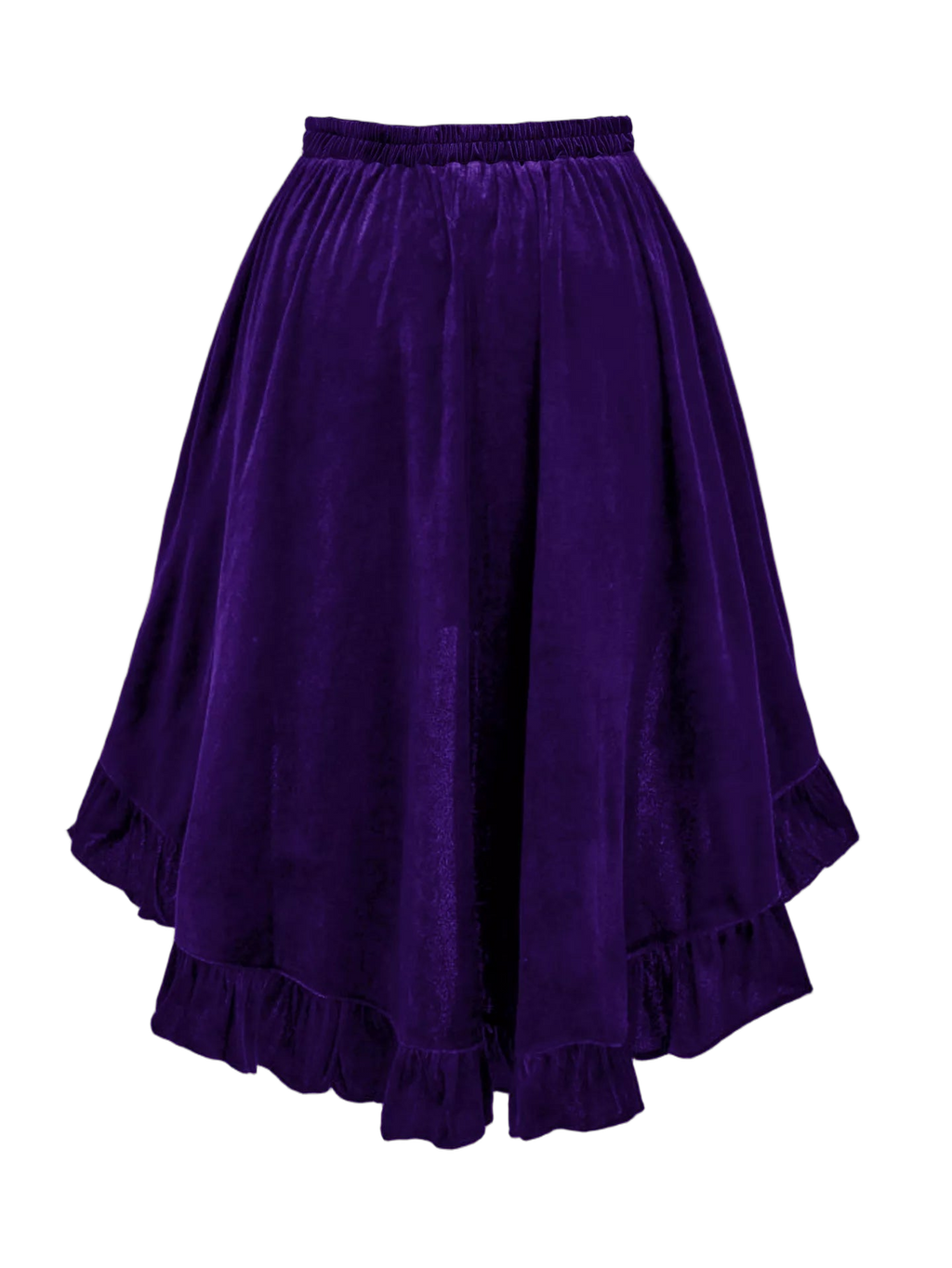 Violet velvet skirt with elastic waistband and ruffled tiered hem