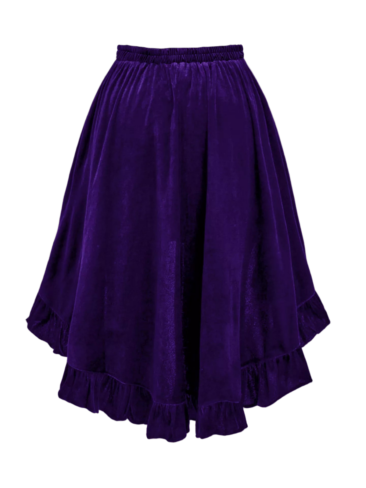 Violet velvet skirt with elastic waistband and ruffled tiered hem