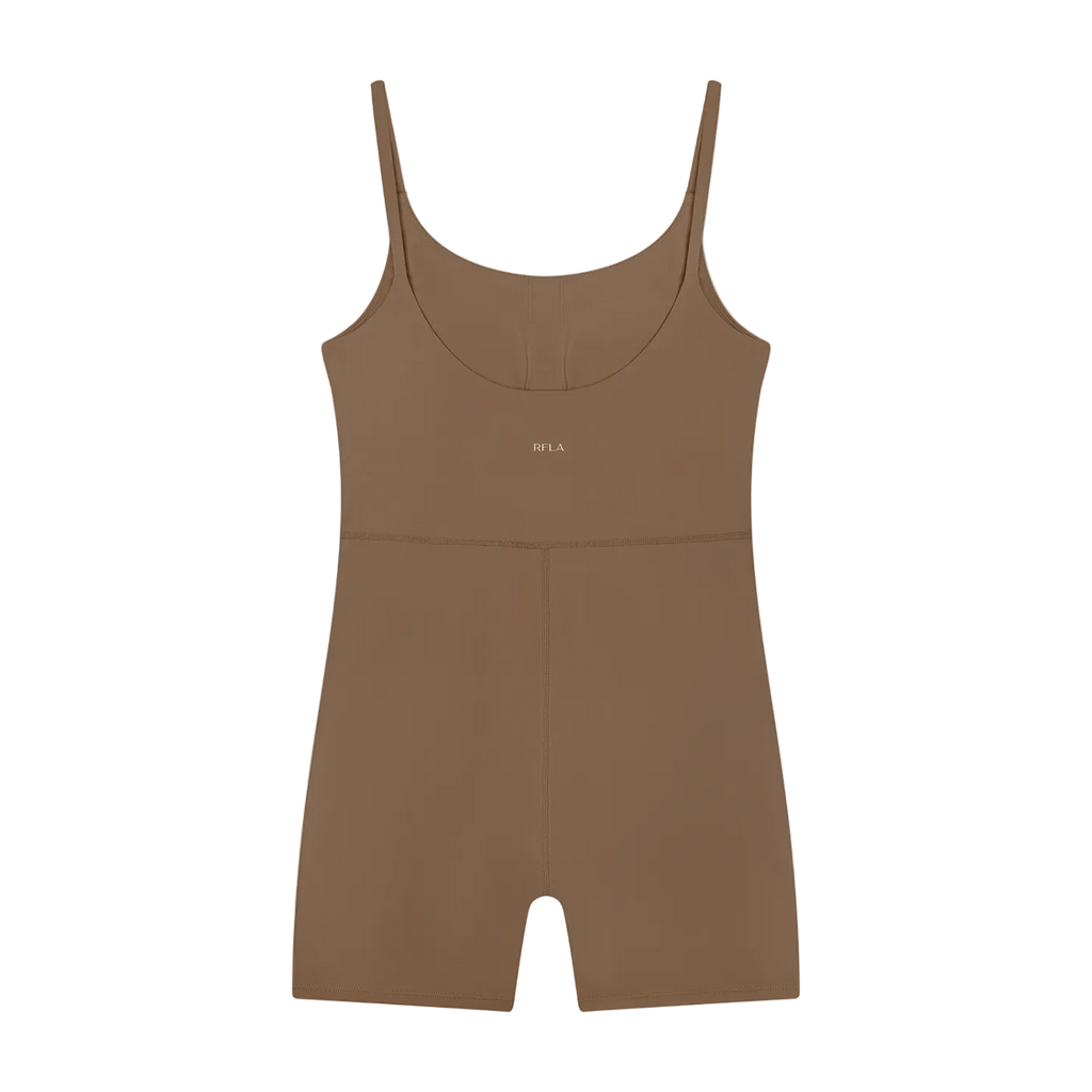 U-neck sleeveless yoga romper with thin shoulder straps, mid-waist seam, short legs and small 'RFLA' chest logo