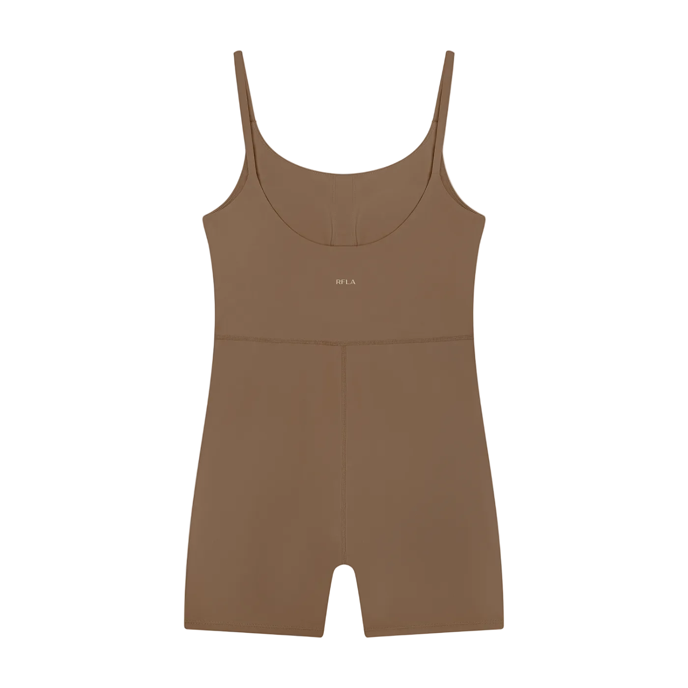 U-neck sleeveless yoga romper with thin shoulder straps, mid-waist seam, short legs and small 'RFLA' chest logo