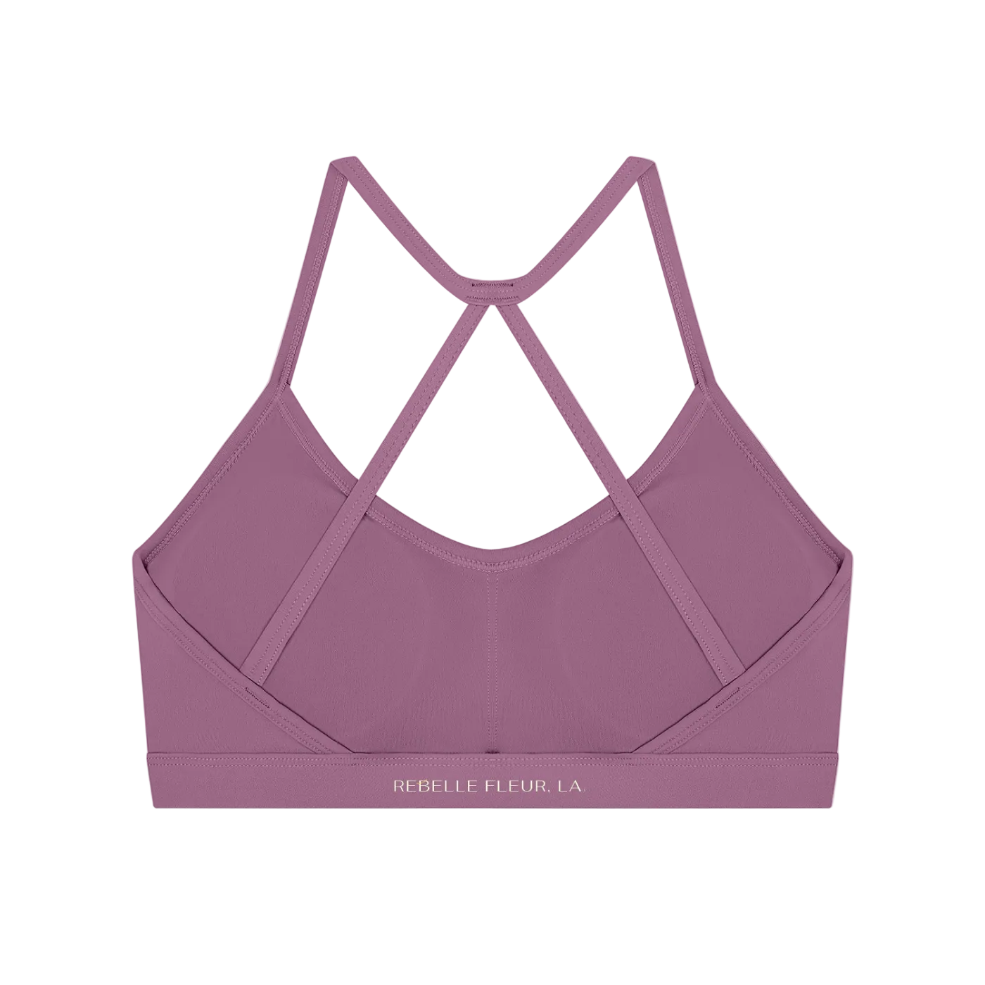 Back view of sleeveless crop sports bra with thin crisscross straps, wide elastic underband and small brand print on band