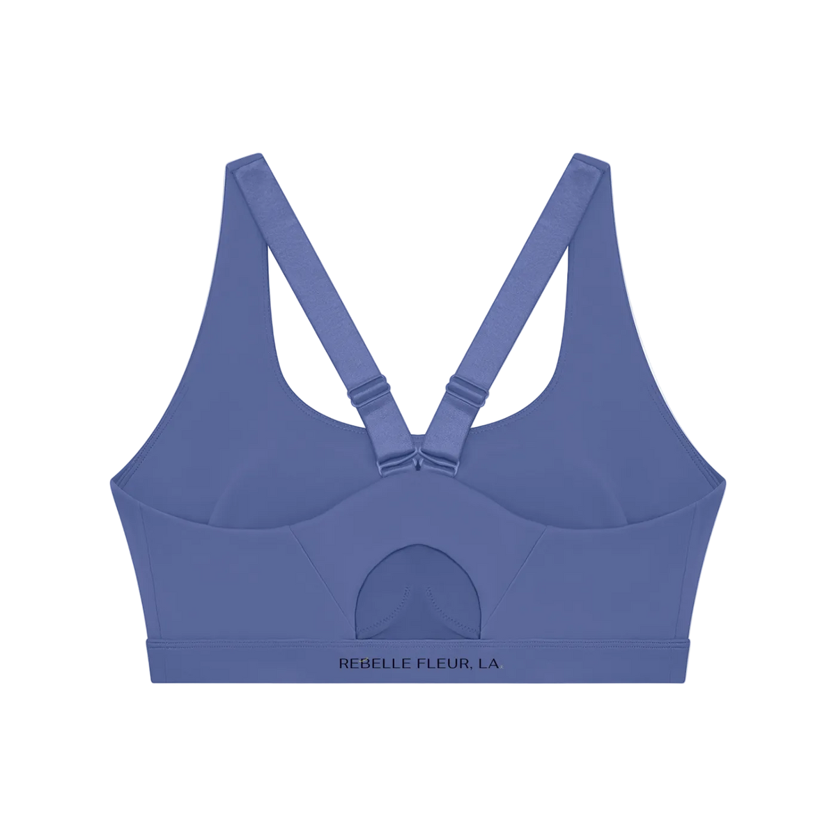 Back view of blue-violet sports bra with adjustable crisscross straps, molded cups and branded elastic band