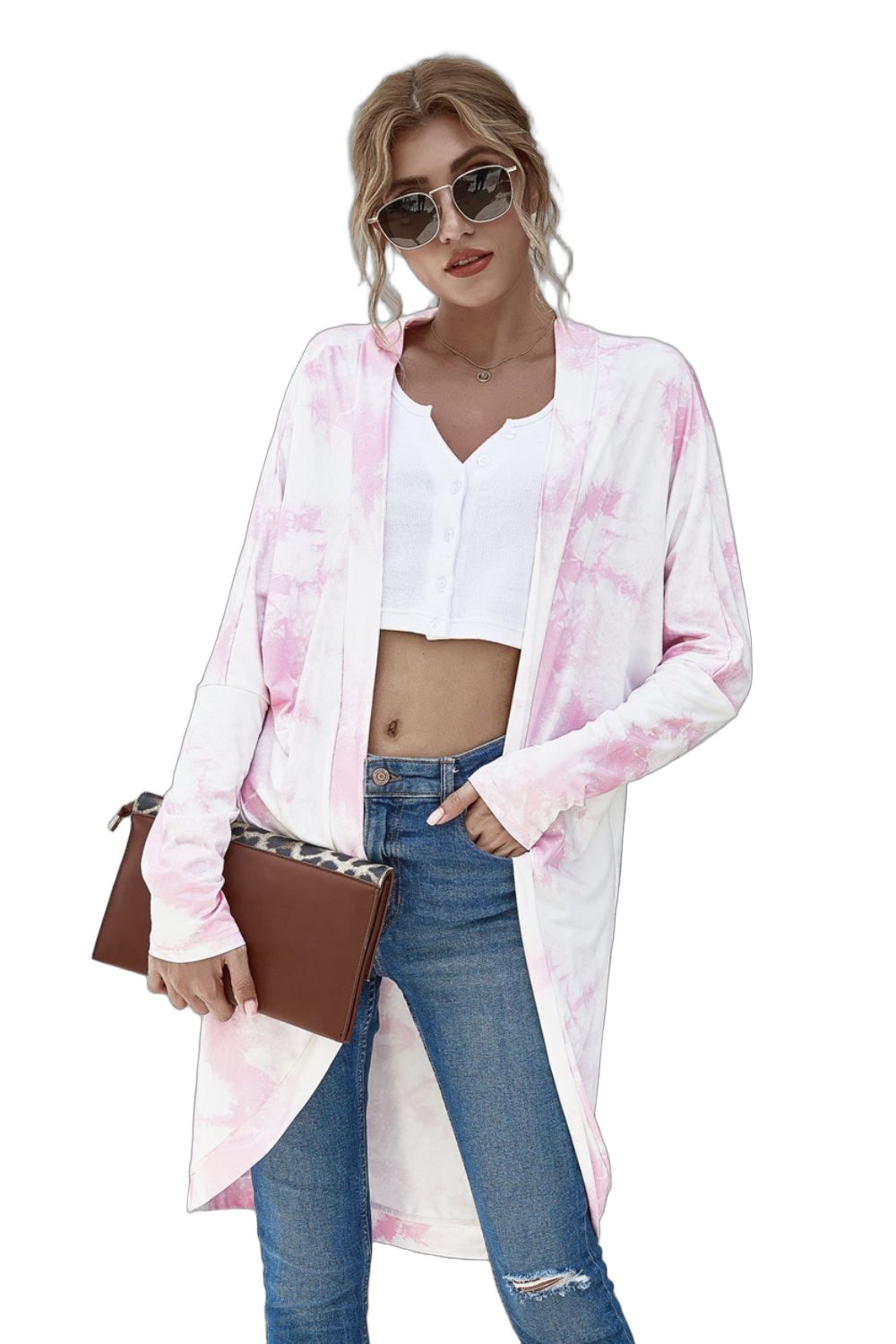 Blush-pink tie-dye longline open-front cardigan with long sleeves and high-low hem worn over white crop top