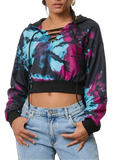 Cropped tie-dye hoodie with lace-up V-neck, black ribbed hem and cuffs, long sleeves and front drawstrings.