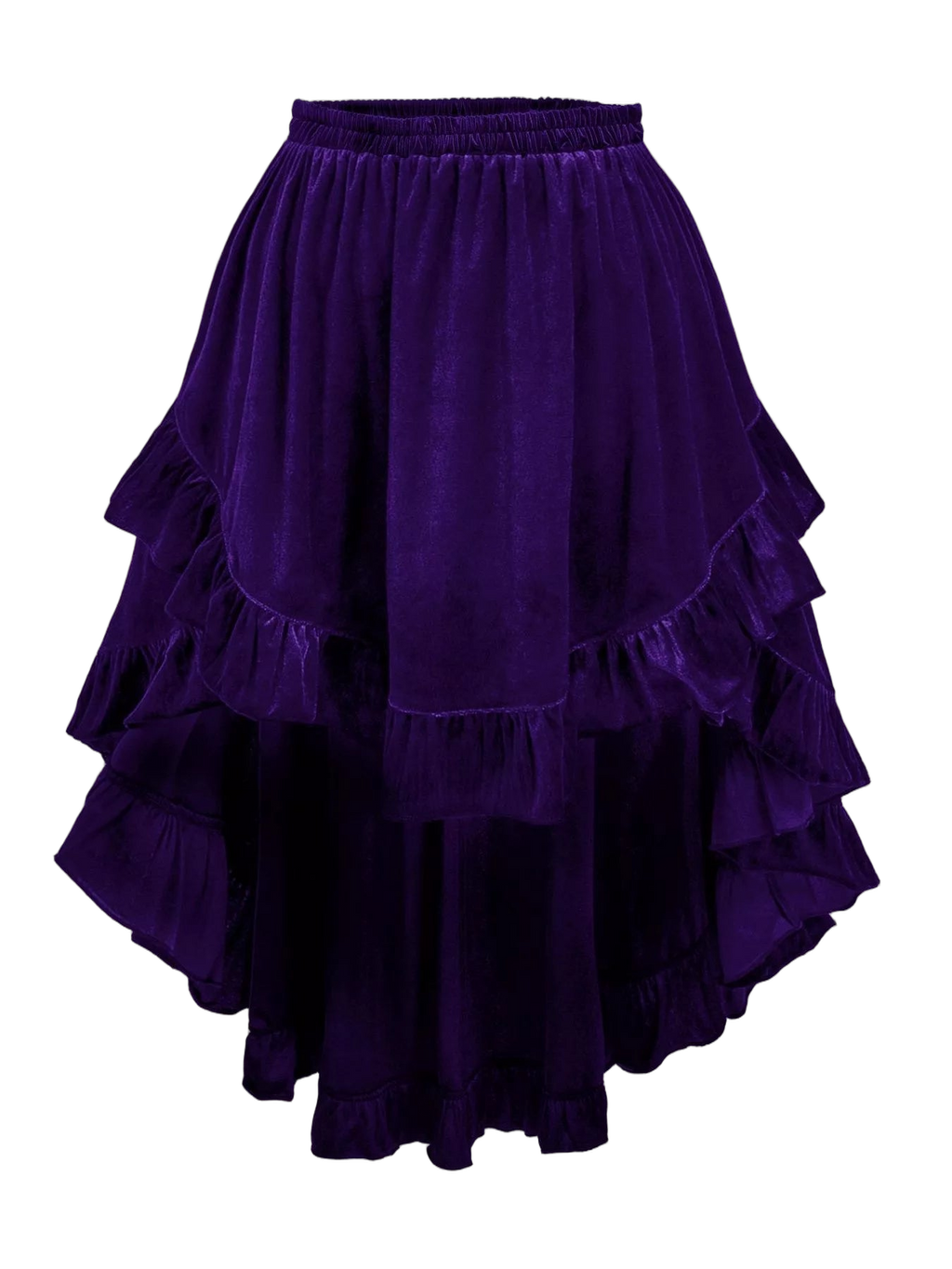 Violet velvet skirt with elastic waistband and layered ruffled tiers