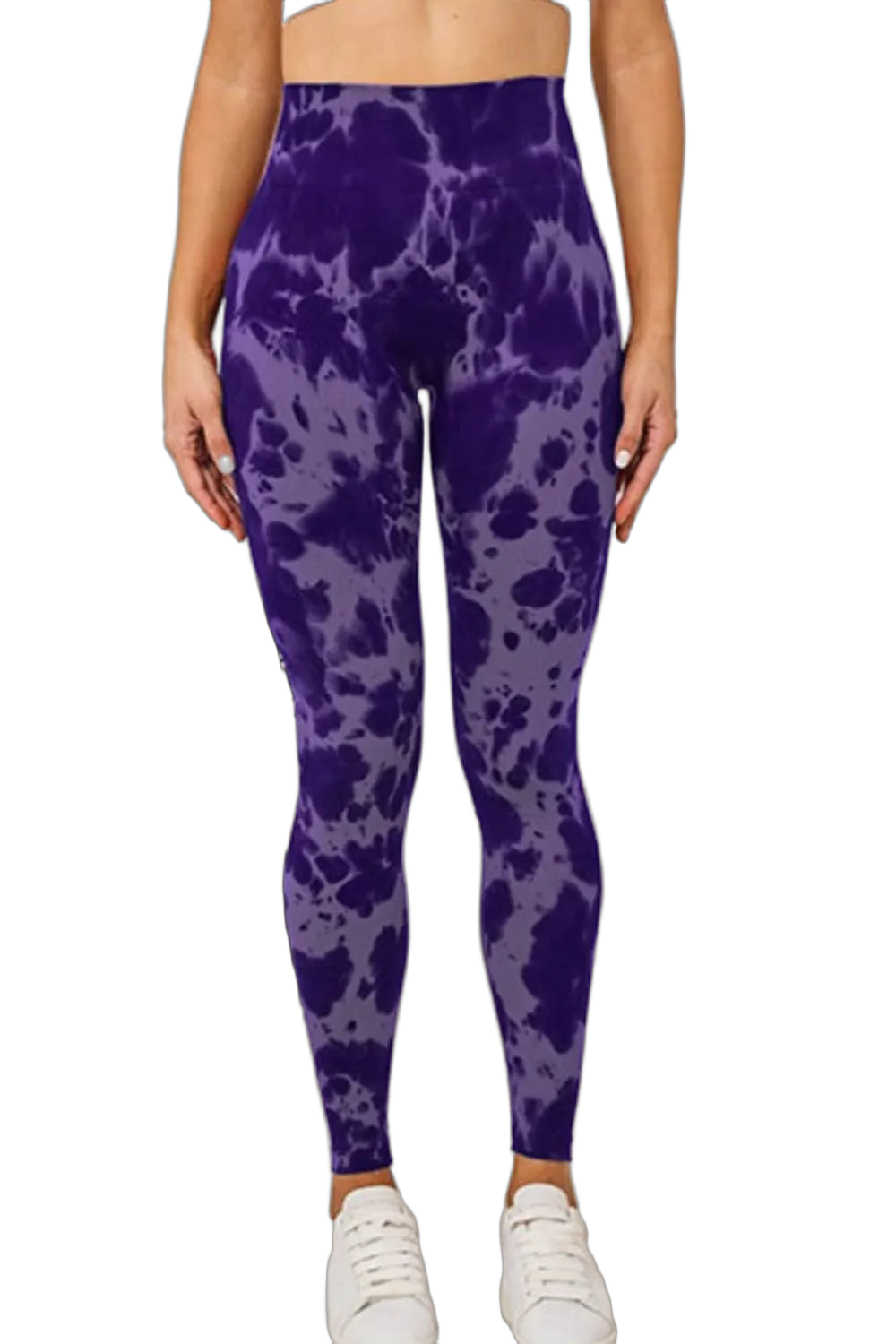 Front view of high-waist leggings with dark and light purple tie-dye pattern, model shown waist to white sneakers