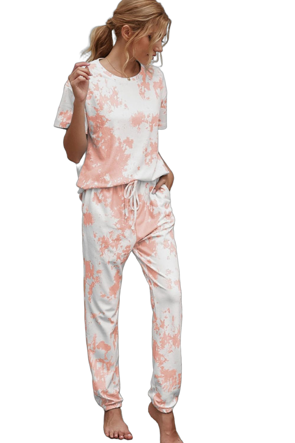 Model wearing short-sleeve round-neck tie-dye tee and drawstring-waist joggers with side pockets