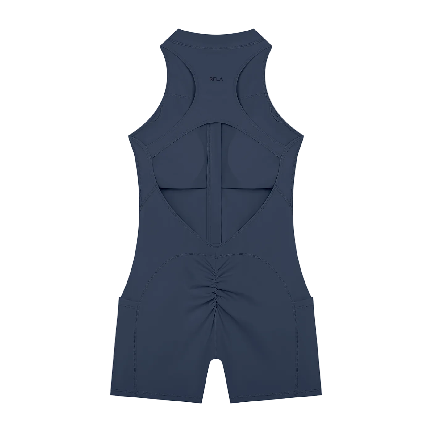 Back of sleeveless romper with large racerback cutout, vertical center seam and ruched back detail