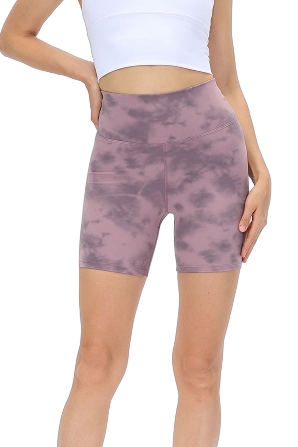 High-waist tie-dye biker shorts with wide waistband and mid-thigh length, subtle cloud-like pattern