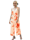 Model wearing orange tie-dye sleeveless jumpsuit with button front, self-tie waist and wide cropped legs.