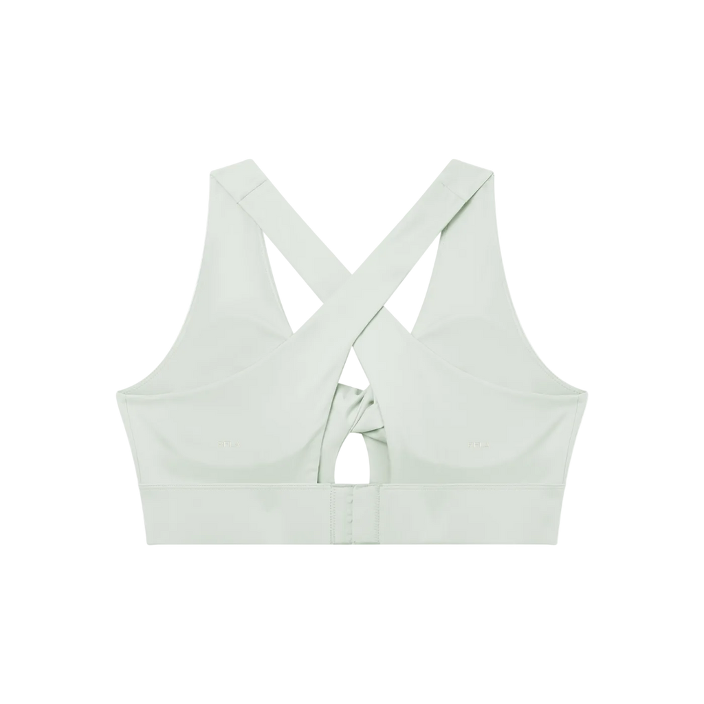 Back view of khaki sports bra with wide crossed straps, twist keyhole at center back and hook-and-eye band
